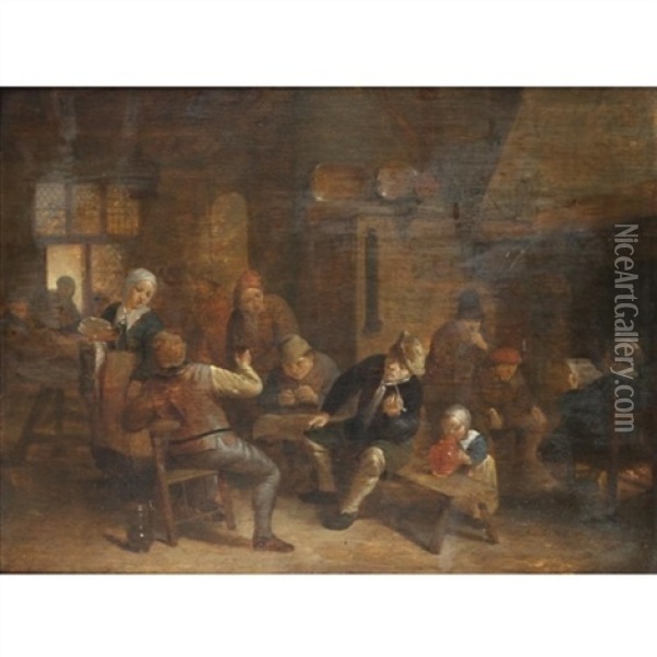 A Tavern Interior With Boors Smoking And Drinking Oil Painting - Adriaen Jansz van Ostade