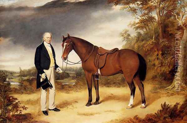 A Gentleman Holding a Chestnut Hunter in a Wooded Landscape Oil Painting - William Webb
