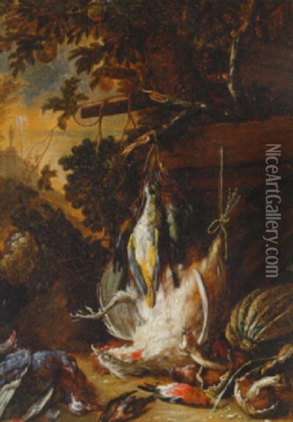 A Dead Cockerel And Song Birds Hanging On Nails With Other Dead Birds, Mushrooms And A Melon Strewn On The Ground Oil Painting - Adriaen de Gryef