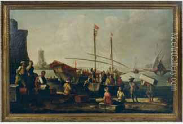 A Bustling Mediterranean Harbor Oil Painting - Abraham Storck
