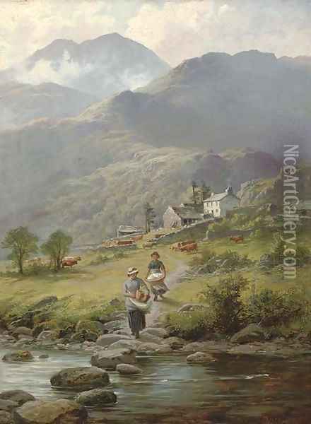 Washing laundry in the river, a mountainous landscape and farmstead beyond Oil Painting - Charles Stuart