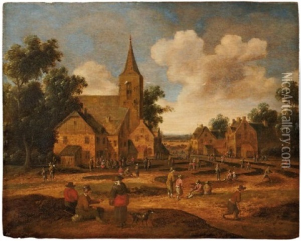 Scene De Village Avec Paysans Et Villageois Sur La Place De L'eglise Oil Painting - Cornelis Droochsloot