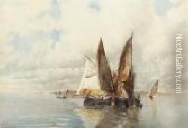 Fishing Boats At Sea Oil Painting - Emanuele Brugnoli