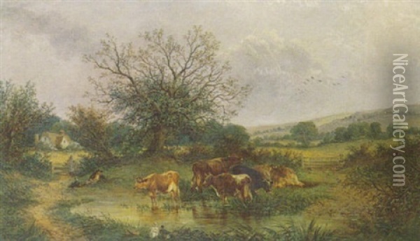 A View In Surrey, Cattle Watering At A Pond Oil Painting - William Meadows