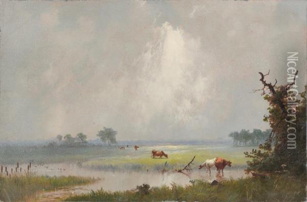 Cows By Stream Oil Painting - H. Wolcott Boss