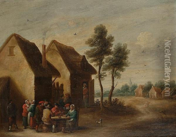 Peasants Drinking And Smoking Outside A Country Inn Oil Painting - David The Younger Teniers