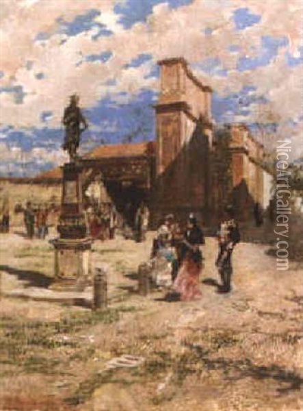 Un Paseo Poe El Pueblo Oil Painting - Francisco Pradilla y Ortiz