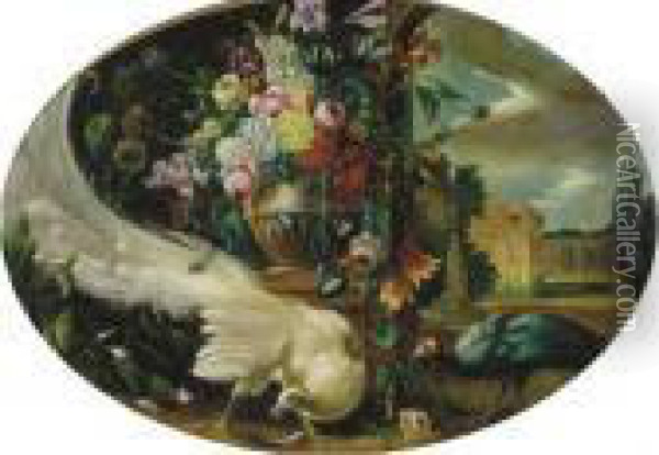 Flowers In An Urn In A Formal Garden With Peacocks Oil Painting - Melchior de Hondecoeter