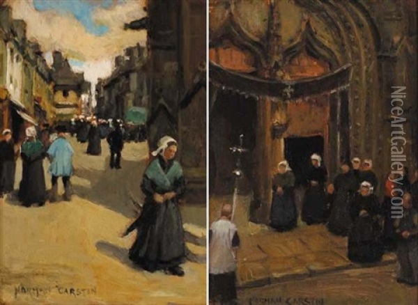 Saturday, Josselin (+ Facade Of The Notre Dame Du Roncier, Josselin; Pair) Oil Painting - Norman Garstin