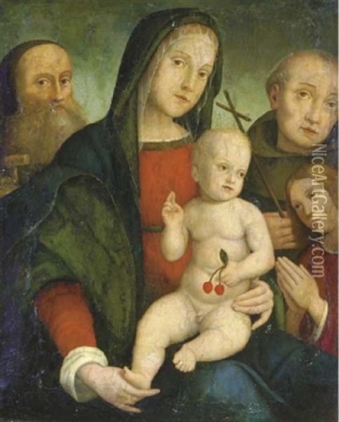 The Madonna And Child With Saints Anthony Abbot And Francis Of Assisi And An Angel Oil Painting - Francesco Francia