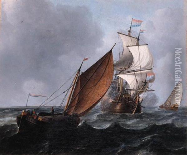 A Wijdschip Running Before The Wind While A Merchantman Fires Asalute, In A Stiff Breeze Oil Painting - Aernout Smit