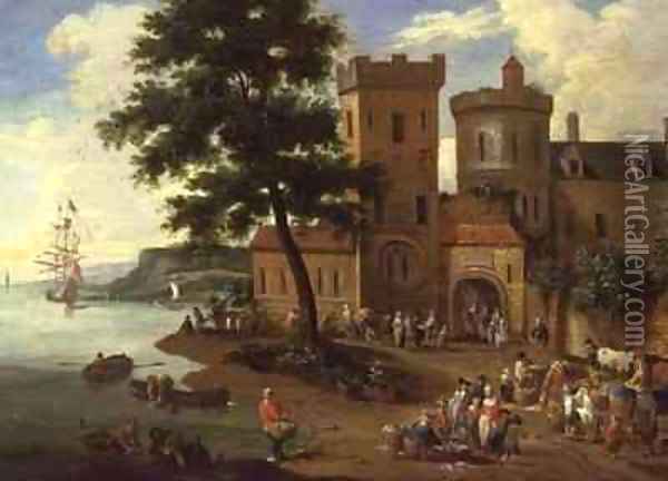 Fisherfolk unloading their catch, and gentlemen departing from a manor house Oil Painting - Boudewyns