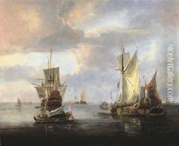 An Estuary At Sunset With A States Yacht  Firing A Salute As A Three-master Is About To Anchor Oil Painting - Jan Van De Cappelle