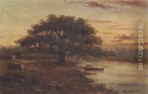 Louisiana Bayou With Cabin And Pirogue Oil Painting - Alphonse J. Gamotis
