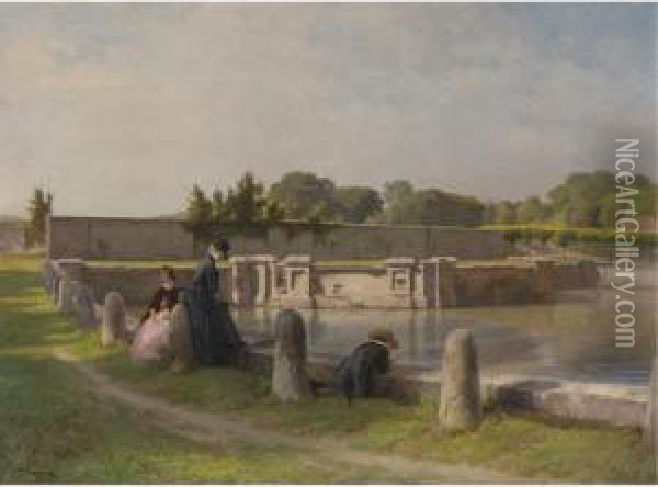 At The Reflecting Pool Oil Painting - Jules Trayer