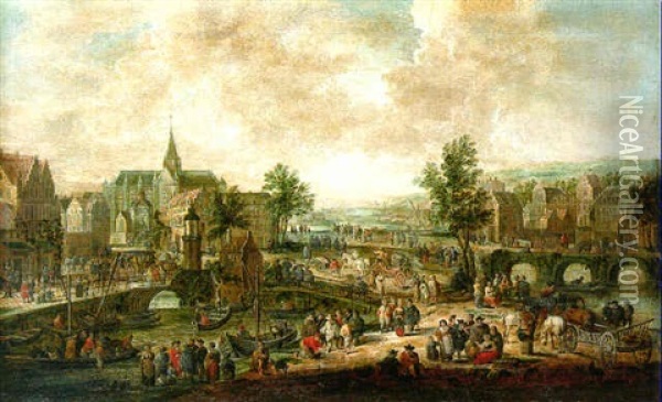 A Flemish Town With Numerous Figures In The Foreground And Horse-drawn Carriages Crossing A Bridge Oil Painting - Pieter Bout
