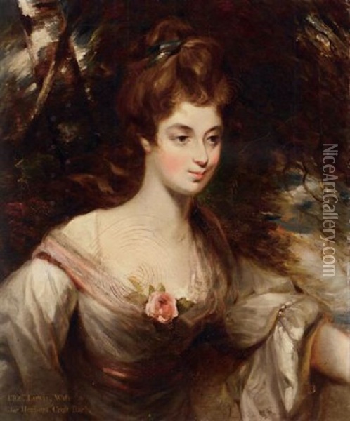 Portrait Of Elizabeth, Lady Croft, In A White Dress With A Pink Sash, In A Wooded Landscape Oil Painting - John Constable
