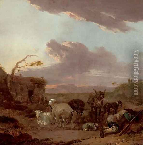 An evening landscape with a shepherd resting with his flock by a house Oil Painting - Jan Frans Soolmaker