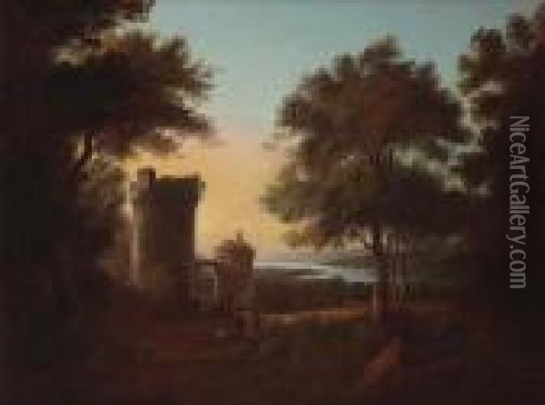 Castle In A River Landscape Oil Painting - Alexander Nasmyth