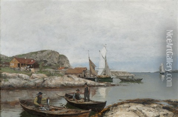 Fiskere I Havn Pa Jaeren Oil Painting - Nicolai Martin Ulfsten