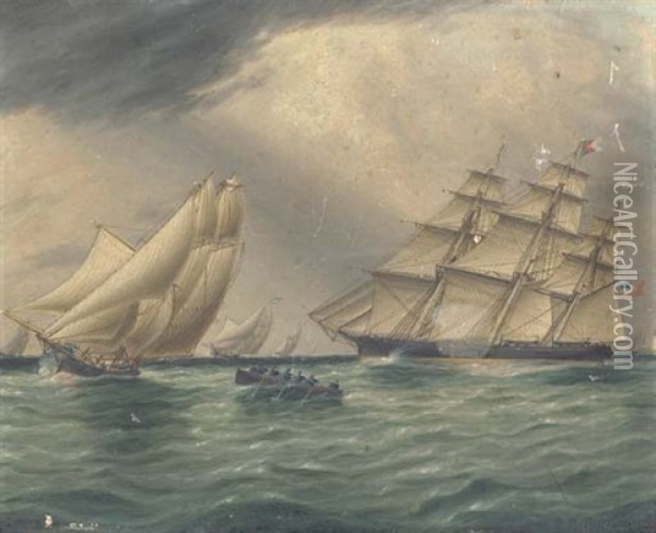 Squadron Of Yachts Passing The Hook Oil Painting - James Edward Buttersworth