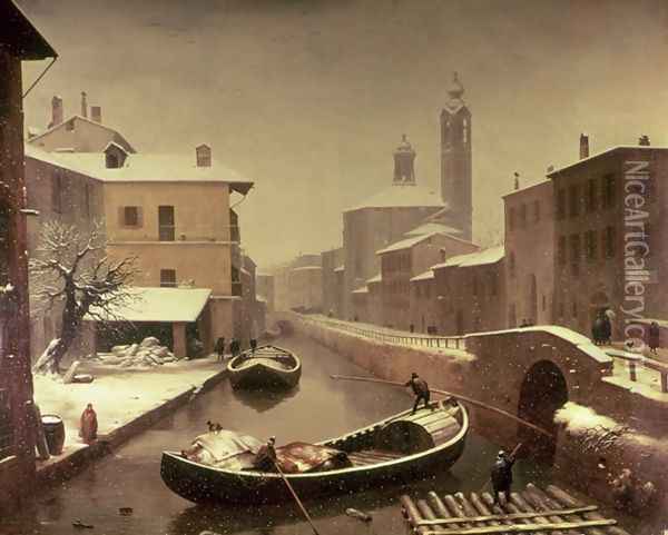 Boat under the Snow Oil Painting - Angelo Inganni