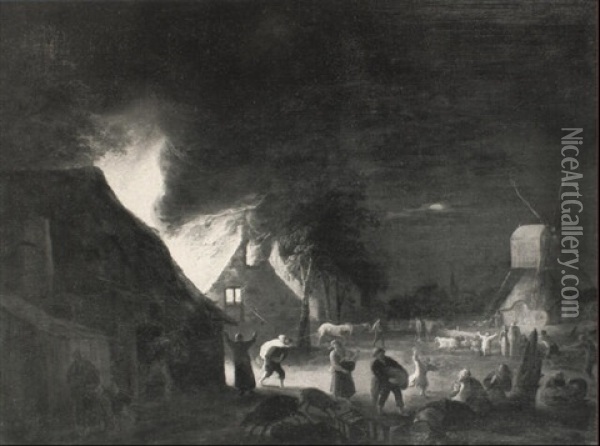 A Hamlet On Fire At Night Oil Painting - Pieter de Bloot