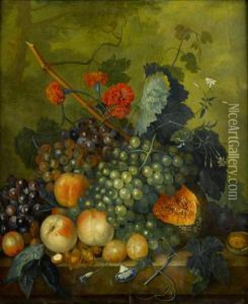Pears, Peaches, Grapes And A Melon On A Stone Ledge Oil Painting - Jacob van Huysum
