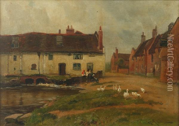Ducks By A Village River Oil Painting - Arthur Walker Redgate