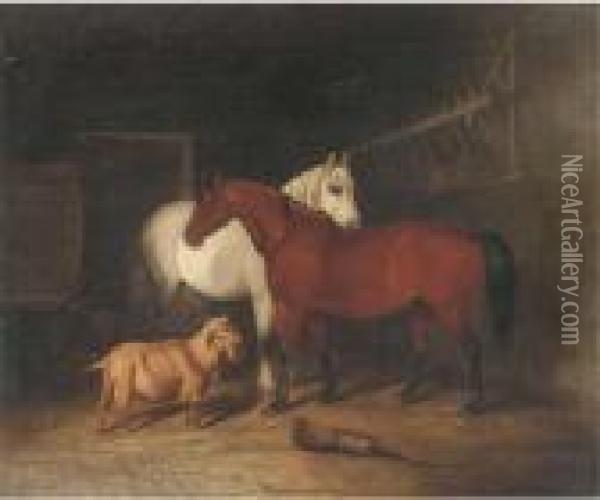 Two Horses And A Goat In A Stable Oil Painting - John Arnold Wheeler