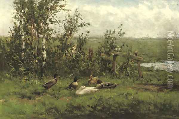 A group of ducks in the meadow Oil Painting - David Adolf Constant Artz