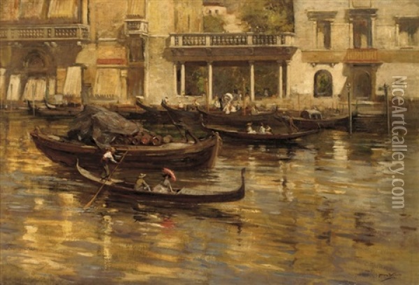 Gondoliers And Elegant Figures In Front Of The Hotel Milan, Venice Oil Painting - James Wallace