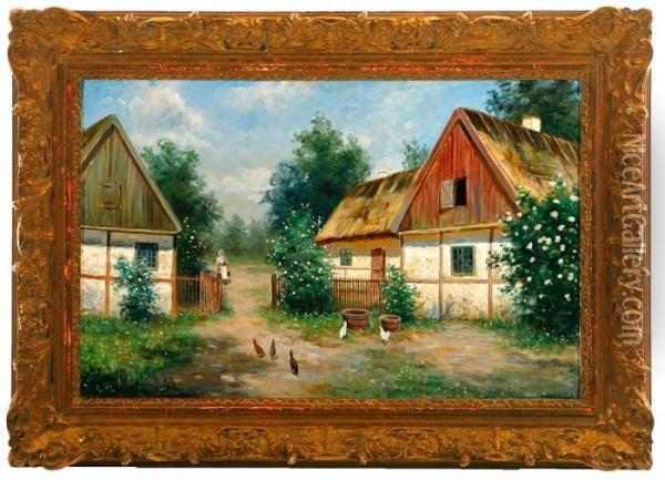 A Scanian Farm With Farmer's Wife And Chicken. Signed Oil Painting - Frans Wilhelm Odelmark