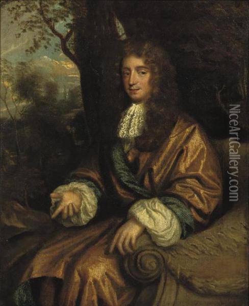 Portrait Of A Gentleman, 
Three-quarter-length, In An Orange And Blue Costume With White Cuffs And
 A Lace Jabot, Seated In A Sculpted Chair, A Landscape Beyond Oil Painting - Caspar Netscher