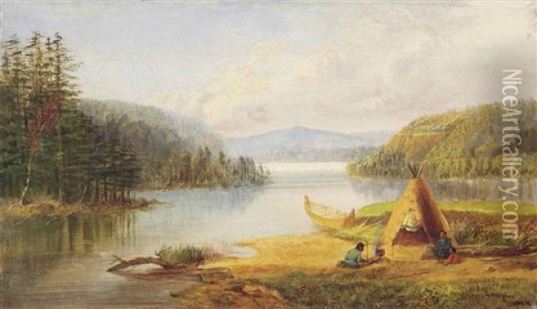Indians Camped By A River Oil Painting - George Hart Hughes