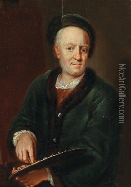 Self-portrait With A Palette Oil Painting - Johann Leonhard Hirschmann