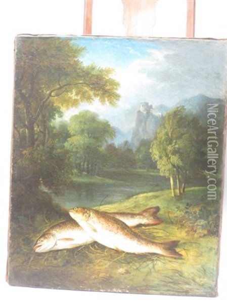 Two Fish On A Riverbank, A Wooded Landscape With Castle Beyond Oil Painting - George Hilditch
