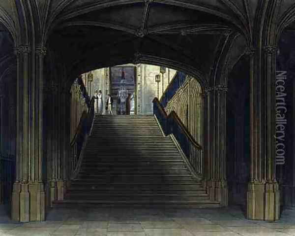 A Staircase, Windsor Castle, from Royal Residences, engraved by W. J. Bennett, pub. by William Henry Pyne (1769-1843), 1818 Oil Painting - Charles Wild
