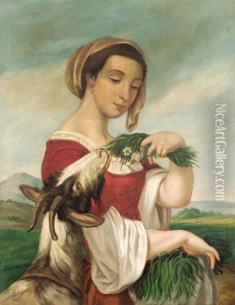 Portrait Of A Woman With A Goat Oil Painting - Juan Cordero