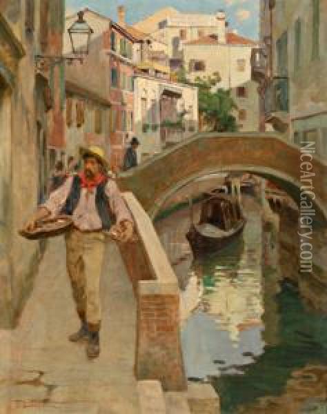 Venditore Di Conchiglie Lungo Un Canale A Venezia Oil Painting - Giuseppe Barison