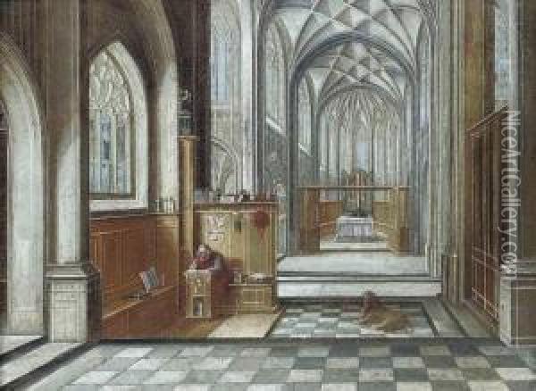 A Gothic Church Interior With Saint Jerome Oil Painting - Hendrick van, the Younger Steenwyck