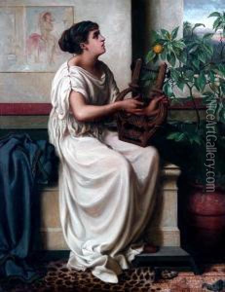 Grecian Maiden With A Lyre Oil Painting - E. Wilson