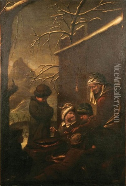 Peasants Cooking On Open Fire In Winter Landscape Oil Painting - Francesco Foschi
