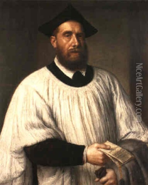 Portrait Of Bartolomeo Cappello In A Surplice Holding A Document Oil Painting - Giovanni Battista Moroni