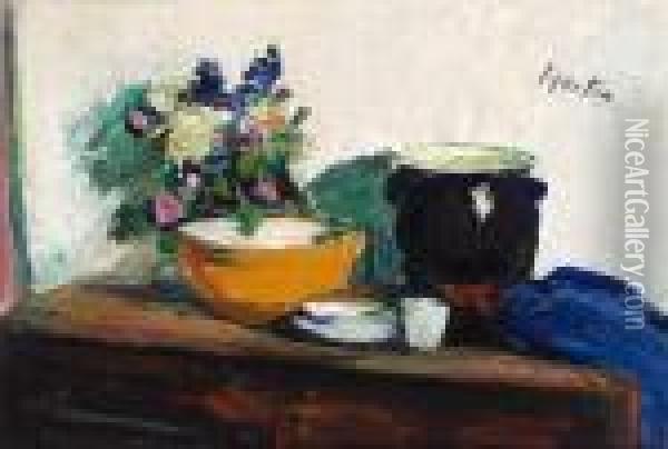 Kitchen Table With Spring Flowers Oil Painting - George Leslie Hunter