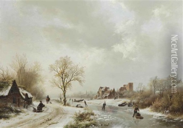 A Winter Landscape With Figures On A Path And Skaters On A Frozen Waterway Oil Painting - Barend Cornelis Koekkoek