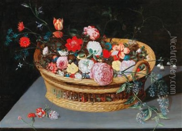 A Basket With Spring Flowers On A Stone Table Oil Painting - Jan Brueghel the Younger