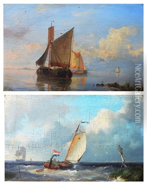 Sailing Vessels In A Calm And A Dutch Fishing Smack At Sea, A Pair Oil Painting - Warner Gyselman