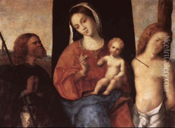 Vierge Et L'enfant Jesus Benissant Entre Saint Roch (ou     Saint Sinibald) Et Saint Sebastien Oil Painting - Giovanni Bellini