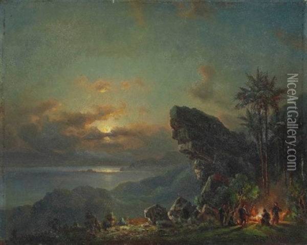 Sunset On The Venezuelan Coast With A Hunting Party Around A Fire Oil Painting - Fritz Siegfried George Melbye